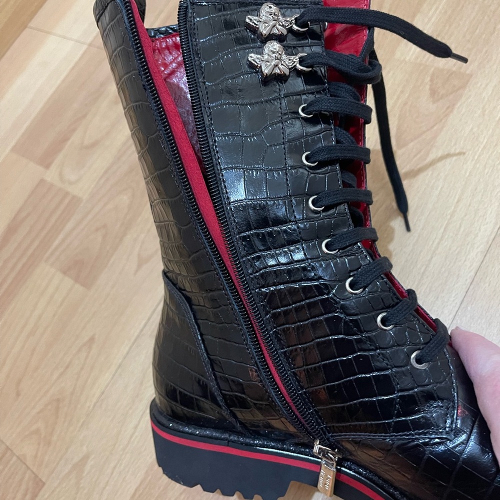 Stunning Black Crocodile Pattern Women's Combat Boots with Red Accents. - Picture 6 of 11